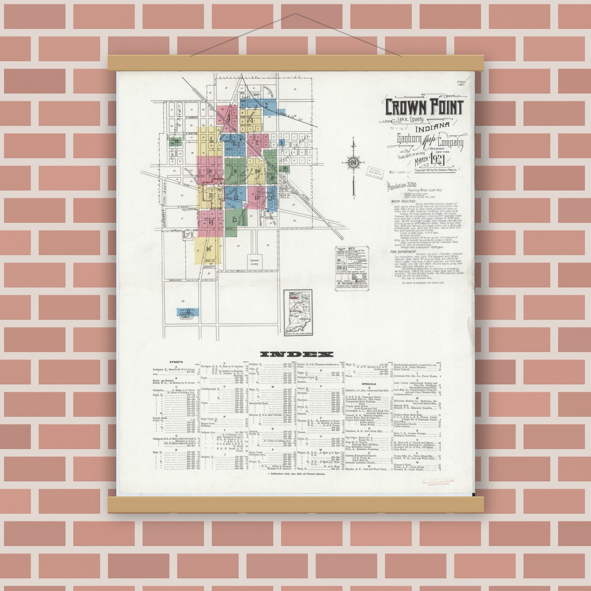 Old map wall art mockup — magnetic wood frame on brick wall — Sanborn Fire Insurance Map from Crown Point, Lake County, Indiana (1921), Sheet #0001