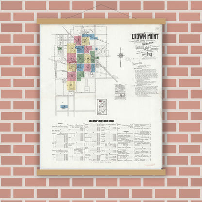 Old map wall art mockup — magnetic wood frame on brick wall — Sanborn Fire Insurance Map from Crown Point, Lake County, Indiana (1921), Sheet #0001