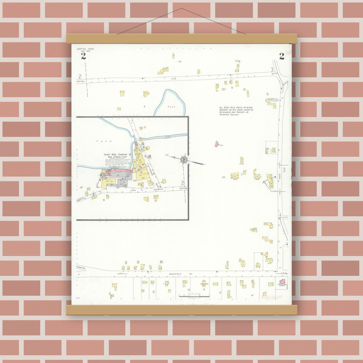 Old map wall art mockup — magnetic wood frame on brick wall — Sanborn Fire Insurance Map from Norton, Bristol County, Massachusetts (1937), Sheet #0002
