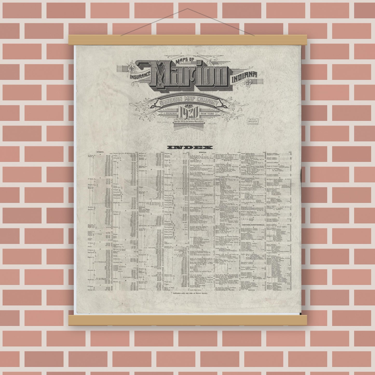 Old map wall art mockup — magnetic wood frame on brick wall — Sanborn Fire Insurance Map from Marion, Grant County, Indiana (1920), Sheet #0001