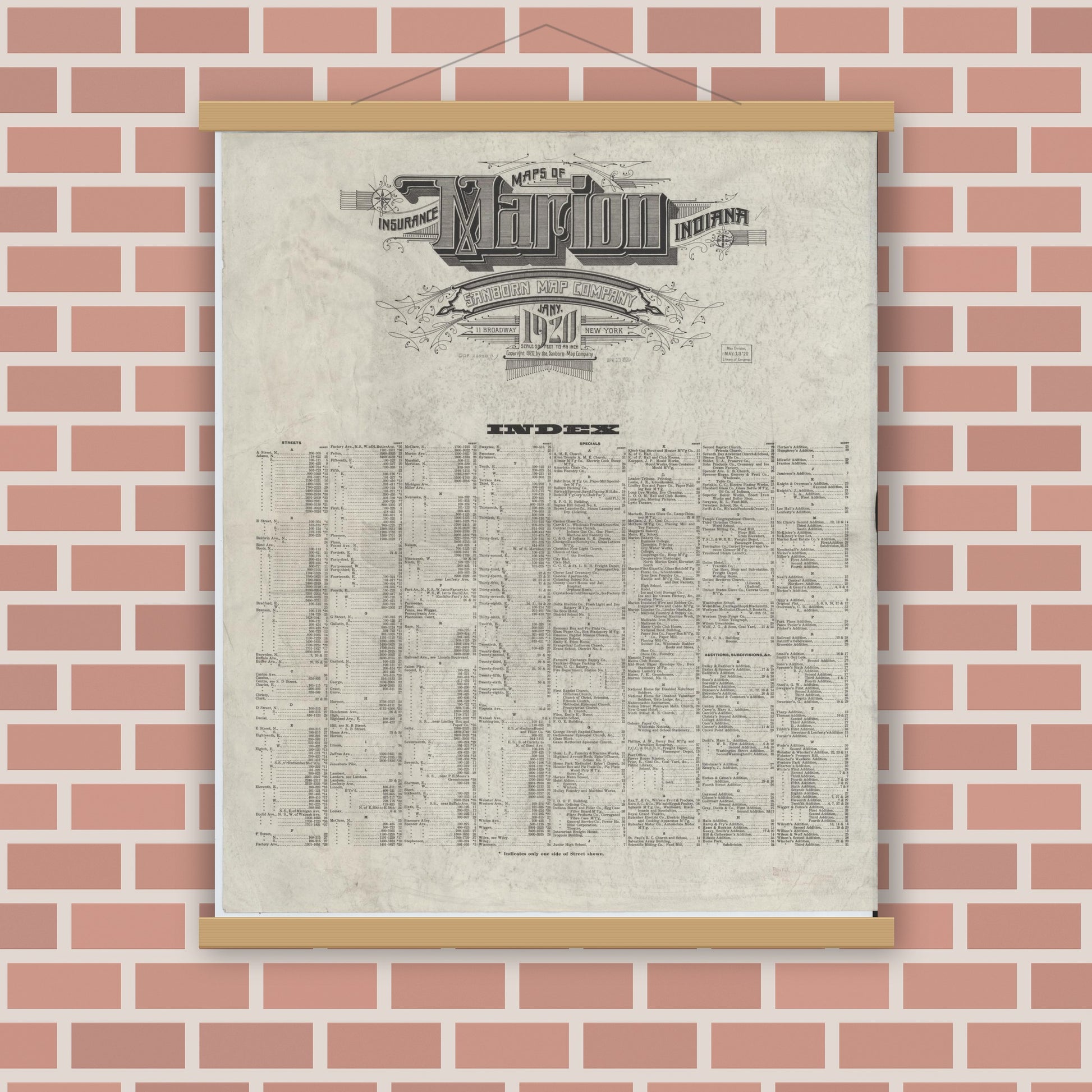 Old map wall art mockup — magnetic wood frame on brick wall — Sanborn Fire Insurance Map from Marion, Grant County, Indiana (1920), Sheet #0001