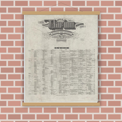 Old map wall art mockup — magnetic wood frame on brick wall — Sanborn Fire Insurance Map from Marion, Grant County, Indiana (1920), Sheet #0001
