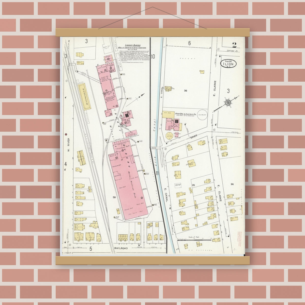 Old map wall art mockup — magnetic wood frame on brick wall — Sanborn Fire Insurance Map from Ilion, Herkimer County, New York (1912), Sheet #0002