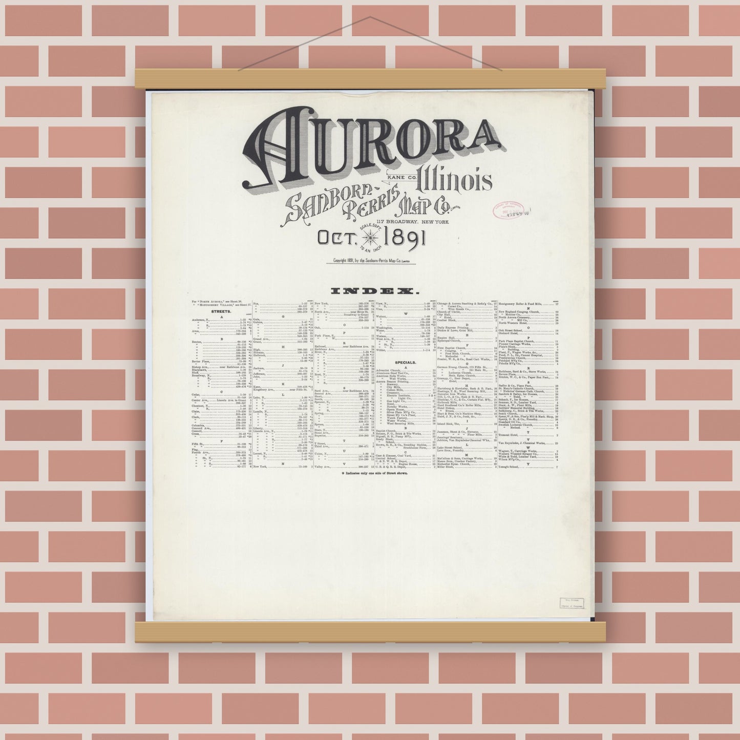 Old map wall art mockup — magnetic wood frame on brick wall — Sanborn Fire Insurance Map from Aurora, Kane County, Illinois (1891), Sheet #0001