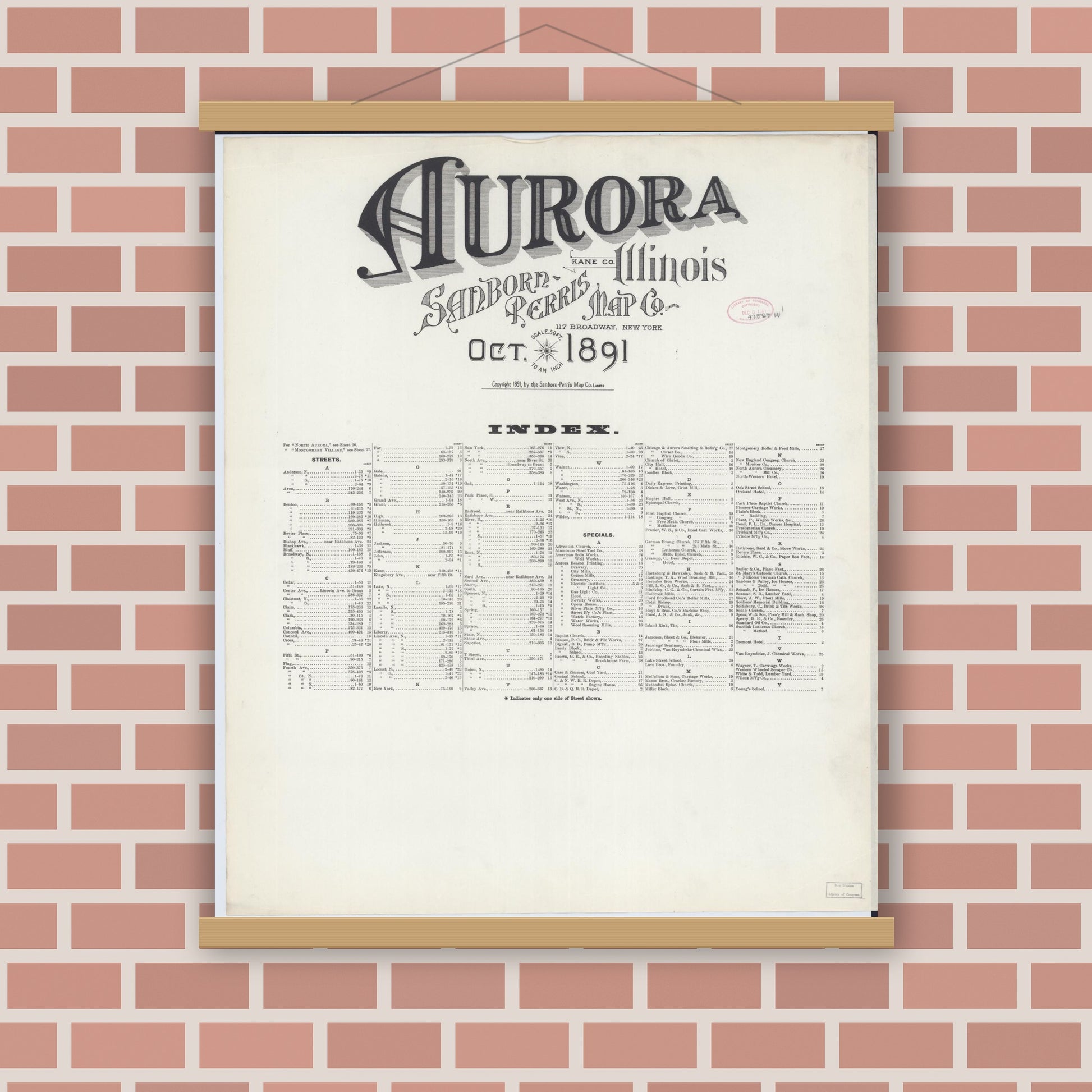 Old map wall art mockup — magnetic wood frame on brick wall — Sanborn Fire Insurance Map from Aurora, Kane County, Illinois (1891), Sheet #0001