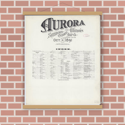 Old map wall art mockup — magnetic wood frame on brick wall — Sanborn Fire Insurance Map from Aurora, Kane County, Illinois (1891), Sheet #0001
