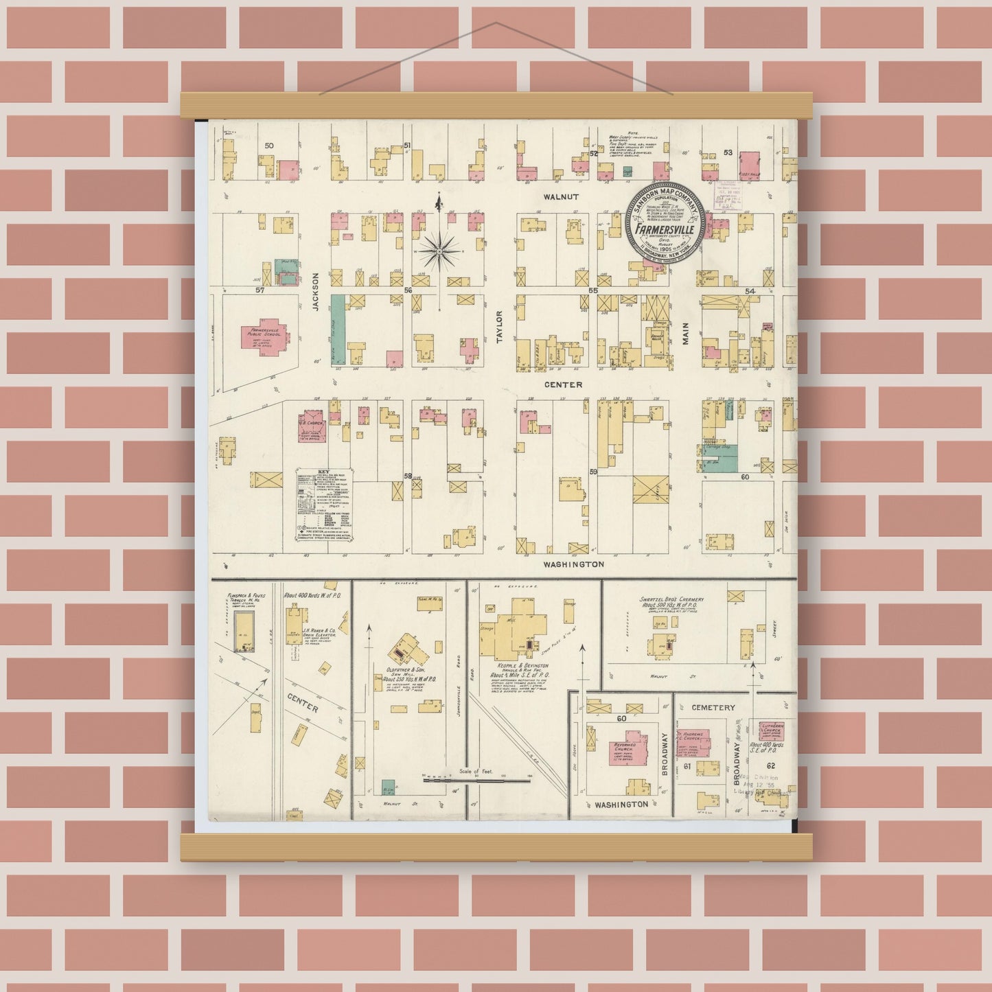 Old map wall art mockup — magnetic wood frame on brick wall — Sanborn Fire Insurance Map from Farmersville, Montogomery County, Ohio (1905), Sheet #0001