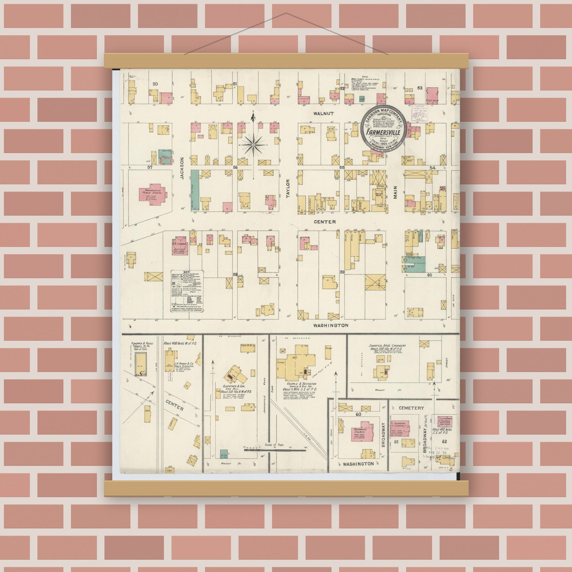 Old map wall art mockup — magnetic wood frame on brick wall — Sanborn Fire Insurance Map from Farmersville, Montogomery County, Ohio (1905), Sheet #0001