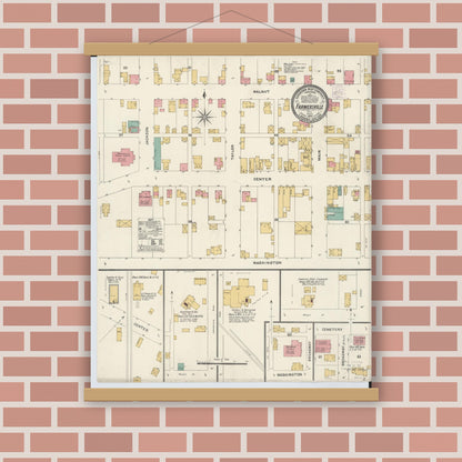 Old map wall art mockup — magnetic wood frame on brick wall — Sanborn Fire Insurance Map from Farmersville, Montogomery County, Ohio (1905), Sheet #0001