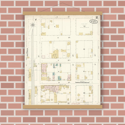 Old map wall art mockup — magnetic wood frame on brick wall — Sanborn Fire Insurance Map from Biggs, Butte County, California (1890), Sheet #0002