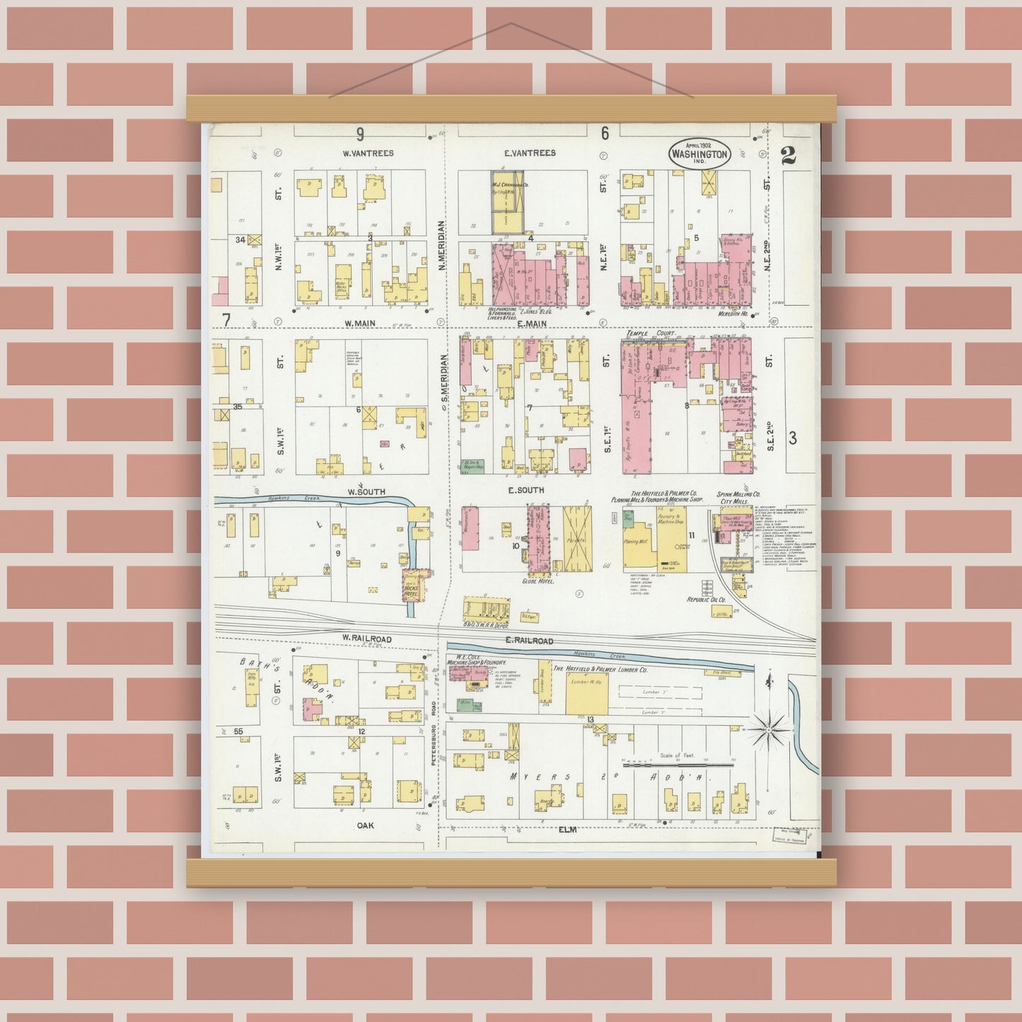 Old map wall art mockup — magnetic wood frame on brick wall — Sanborn Fire Insurance Map from Washington, Daviess County, Indiana (1902), Sheet #0002