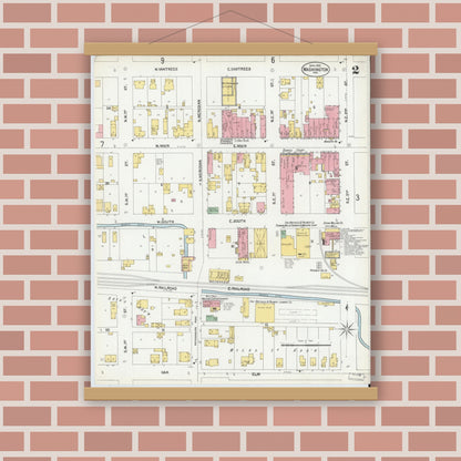 Old map wall art mockup — magnetic wood frame on brick wall — Sanborn Fire Insurance Map from Washington, Daviess County, Indiana (1902), Sheet #0002