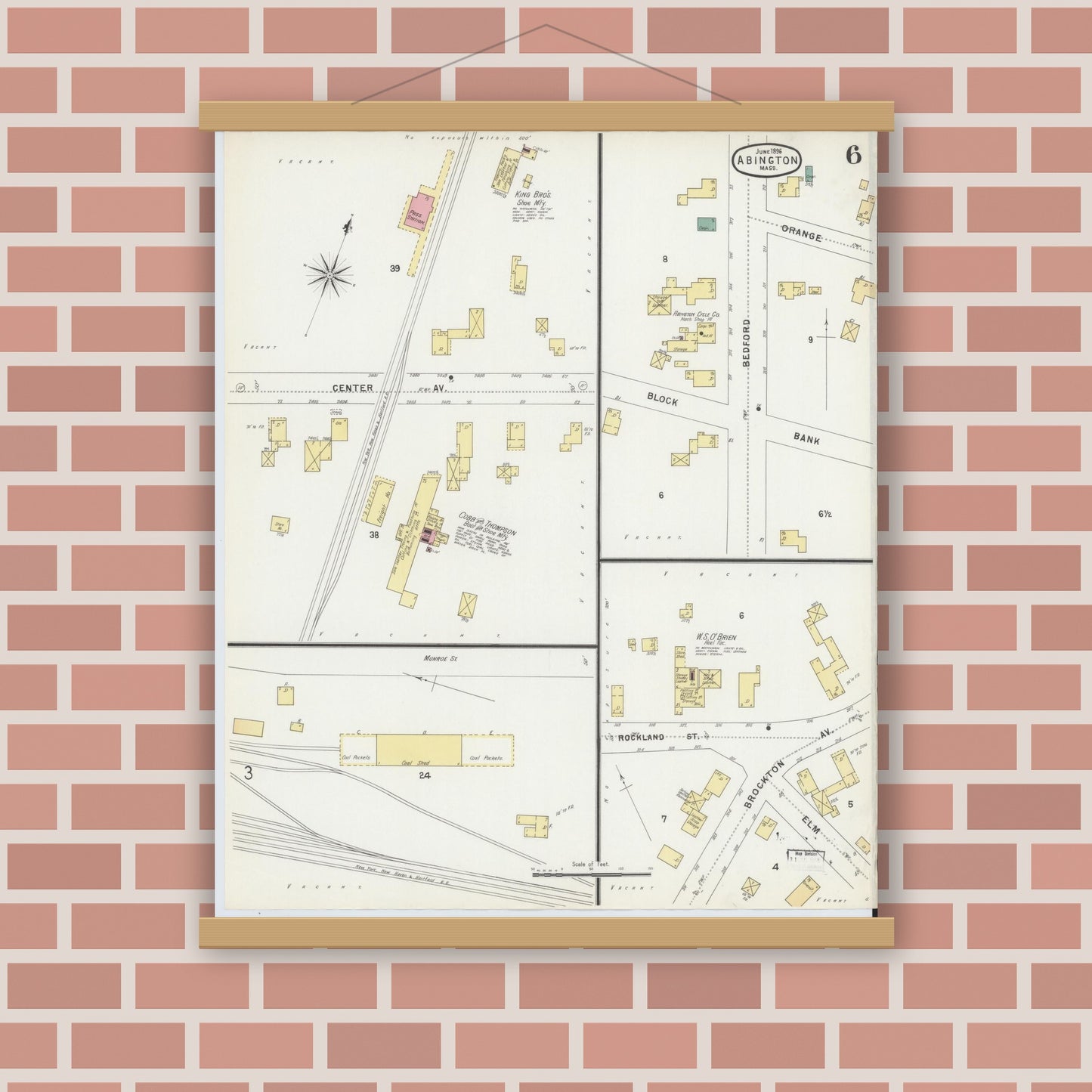 Old map wall art mockup — magnetic wood frame on brick wall — Sanborn Fire Insurance Map from Abington, Plymouth County, Massachusetts (1896), Sheet #0006