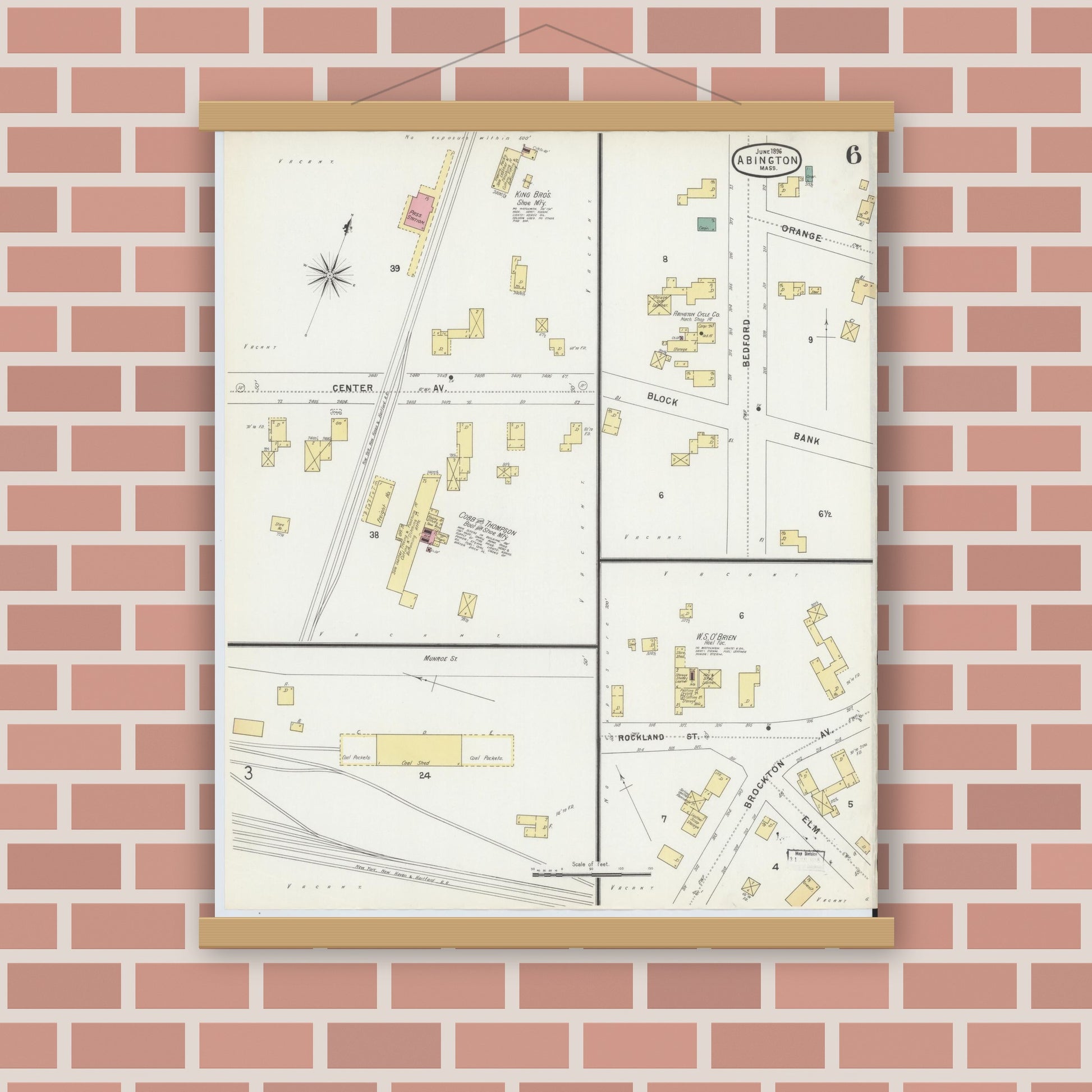 Old map wall art mockup — magnetic wood frame on brick wall — Sanborn Fire Insurance Map from Abington, Plymouth County, Massachusetts (1896), Sheet #0006