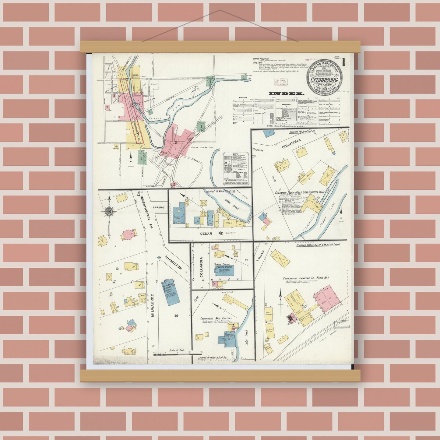 Old map wall art mockup — magnetic wood frame on brick wall — Sanborn Fire Insurance Map from Cedarburg, Ozaukee County, Wisconsin (1910), Sheet #0001
