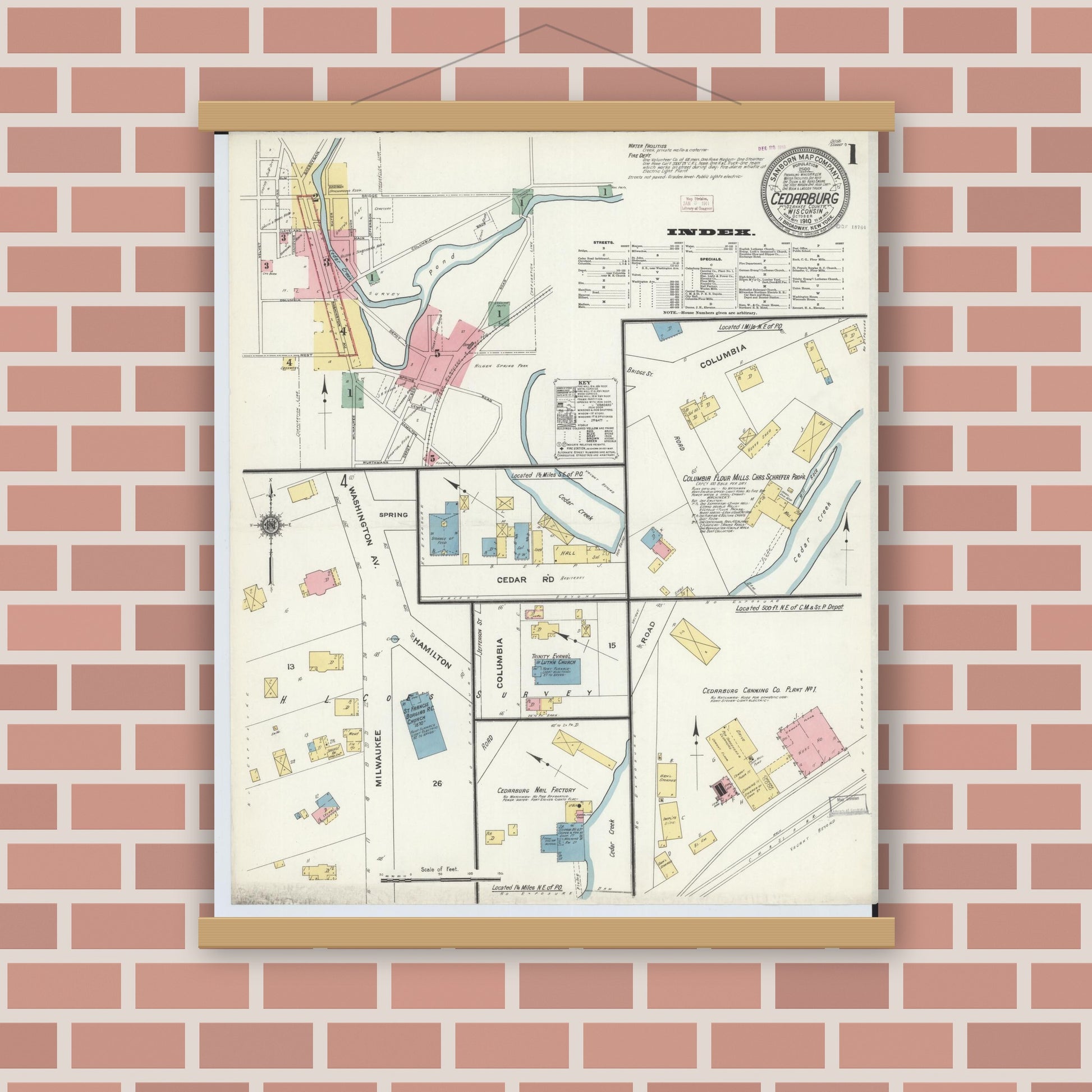 Old map wall art mockup — magnetic wood frame on brick wall — Sanborn Fire Insurance Map from Cedarburg, Ozaukee County, Wisconsin (1910), Sheet #0001