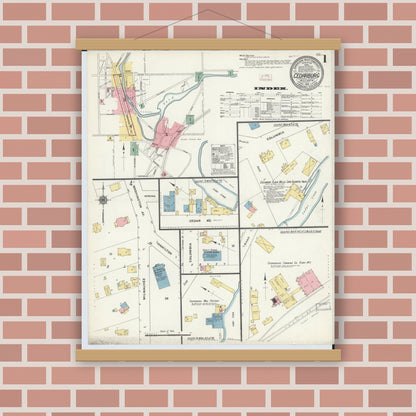 Old map wall art mockup — magnetic wood frame on brick wall — Sanborn Fire Insurance Map from Cedarburg, Ozaukee County, Wisconsin (1910), Sheet #0001