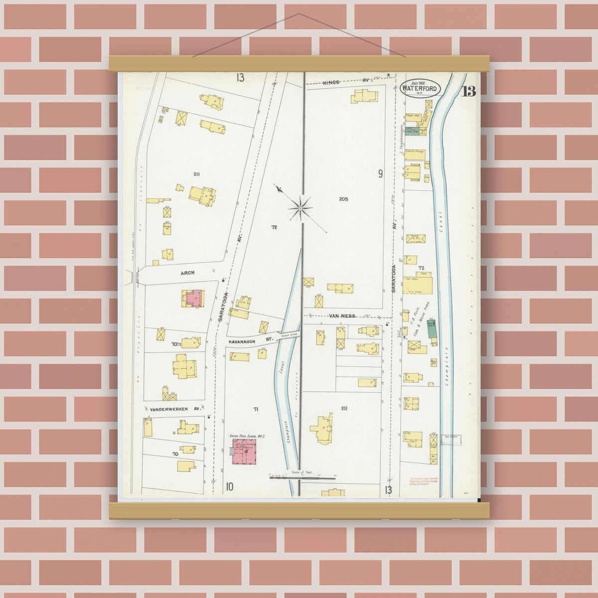 Old map wall art mockup — magnetic wood frame on brick wall — Sanborn Fire Insurance Map from Waterford, Saratoga County, New York (1902), Sheet #0013