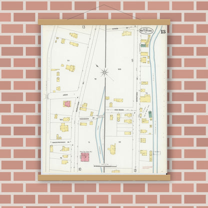 Old map wall art mockup — magnetic wood frame on brick wall — Sanborn Fire Insurance Map from Waterford, Saratoga County, New York (1902), Sheet #0013