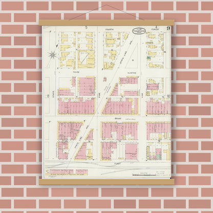 Old map wall art mockup — magnetic wood frame on brick wall — Sanborn Fire Insurance Map from Texarkana, Bowie County, Texas (1896), Sheet #0009