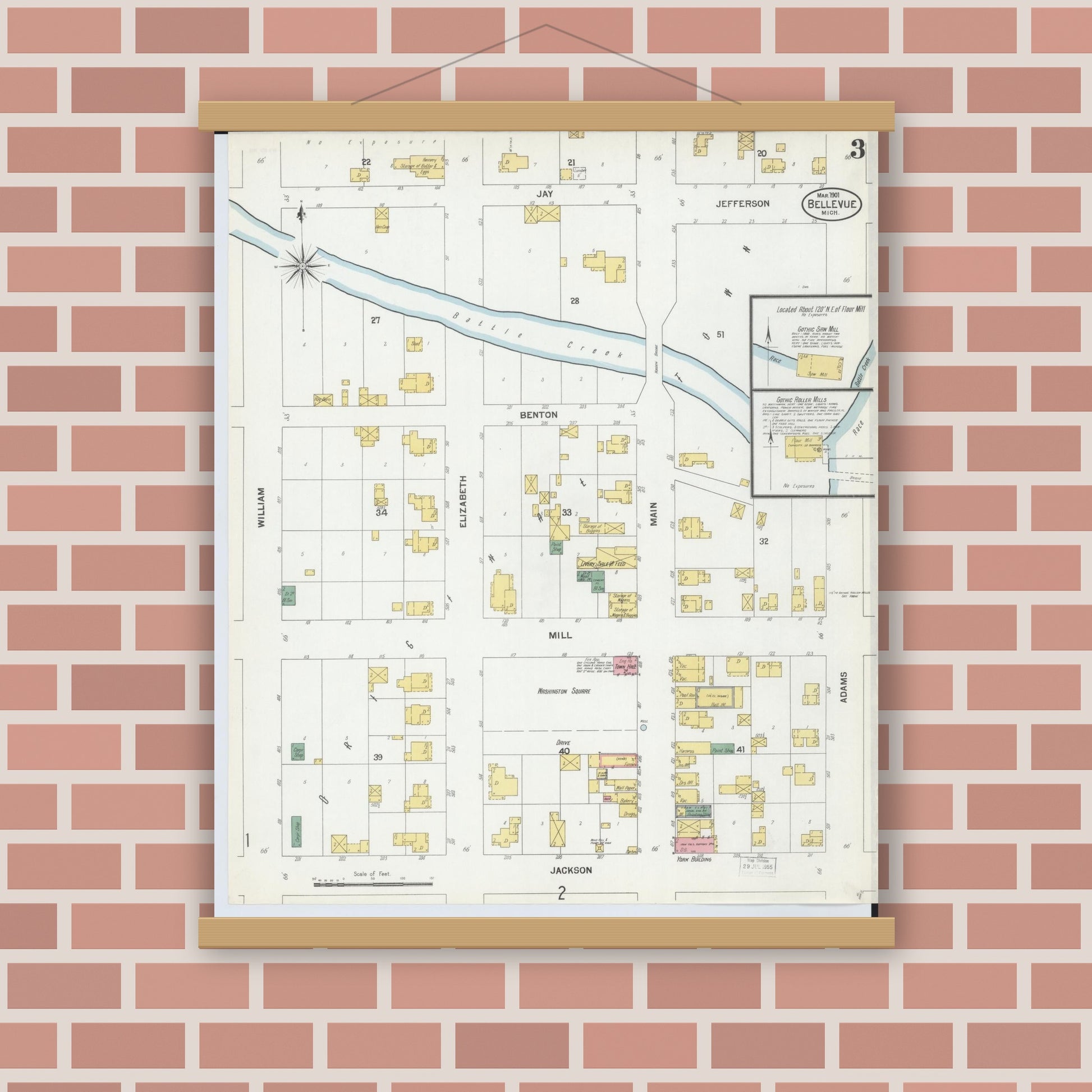 Old map wall art mockup — magnetic wood frame on brick wall — Sanborn Fire Insurance Map from Bellevue, Eaton County, Michigan (1901), Sheet #0003