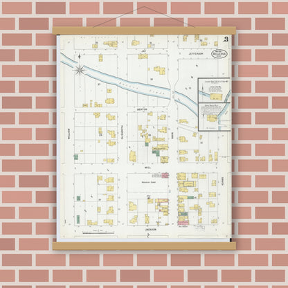 Old map wall art mockup — magnetic wood frame on brick wall — Sanborn Fire Insurance Map from Bellevue, Eaton County, Michigan (1901), Sheet #0003