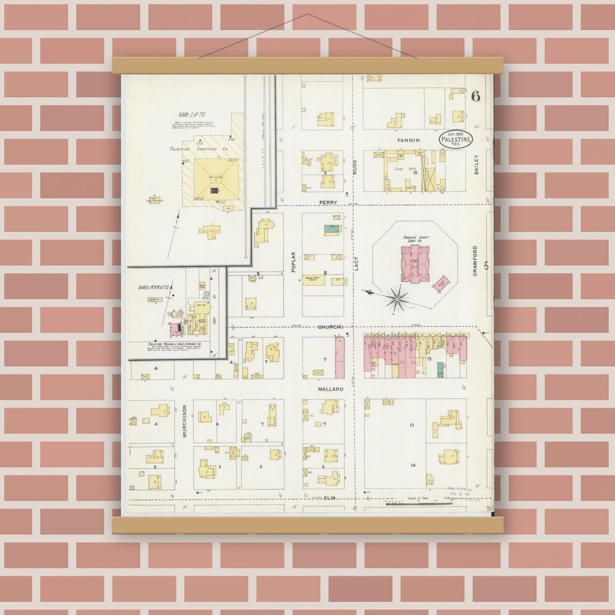 Old map wall art mockup — magnetic wood frame on brick wall — Sanborn Fire Insurance Map from Palestine, Anderson County, Texas (1905), Sheet #0006