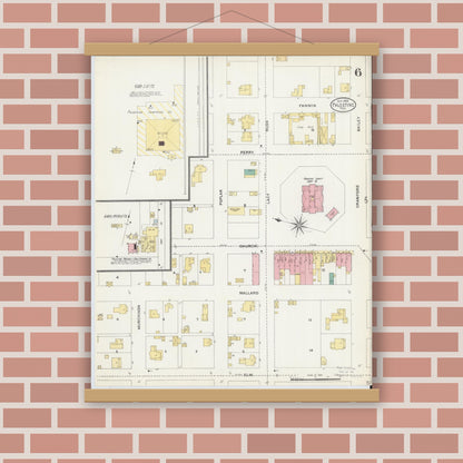 Old map wall art mockup — magnetic wood frame on brick wall — Sanborn Fire Insurance Map from Palestine, Anderson County, Texas (1905), Sheet #0006