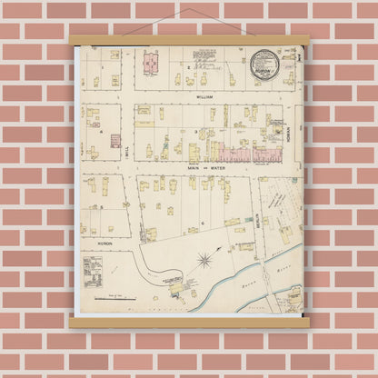 Old map wall art mockup — magnetic wood frame on brick wall — Sanborn Fire Insurance Map from Huron, Erie County, Ohio (1888), Sheet #0001