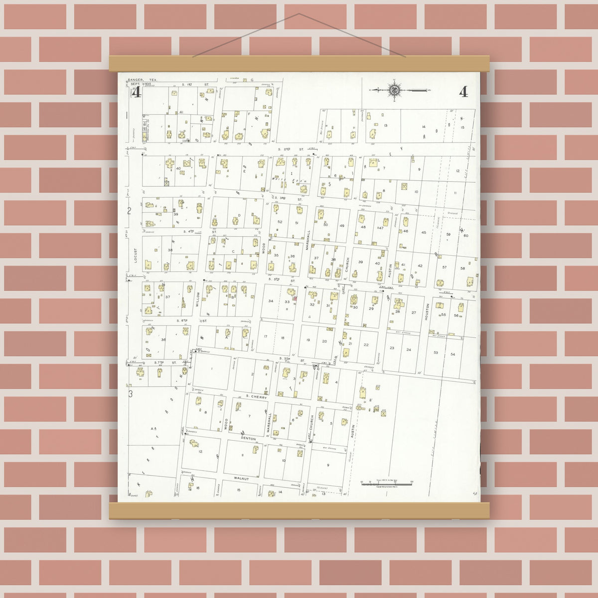 Old map wall art mockup — magnetic wood frame on brick wall — Sanborn Fire Insurance Map from Sanger, Denton County, Texas (1935), Sheet #0004