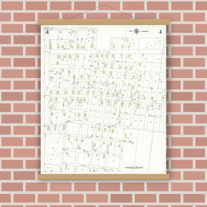 Old map wall art mockup — magnetic wood frame on brick wall — Sanborn Fire Insurance Map from Sanger, Denton County, Texas (1935), Sheet #0004