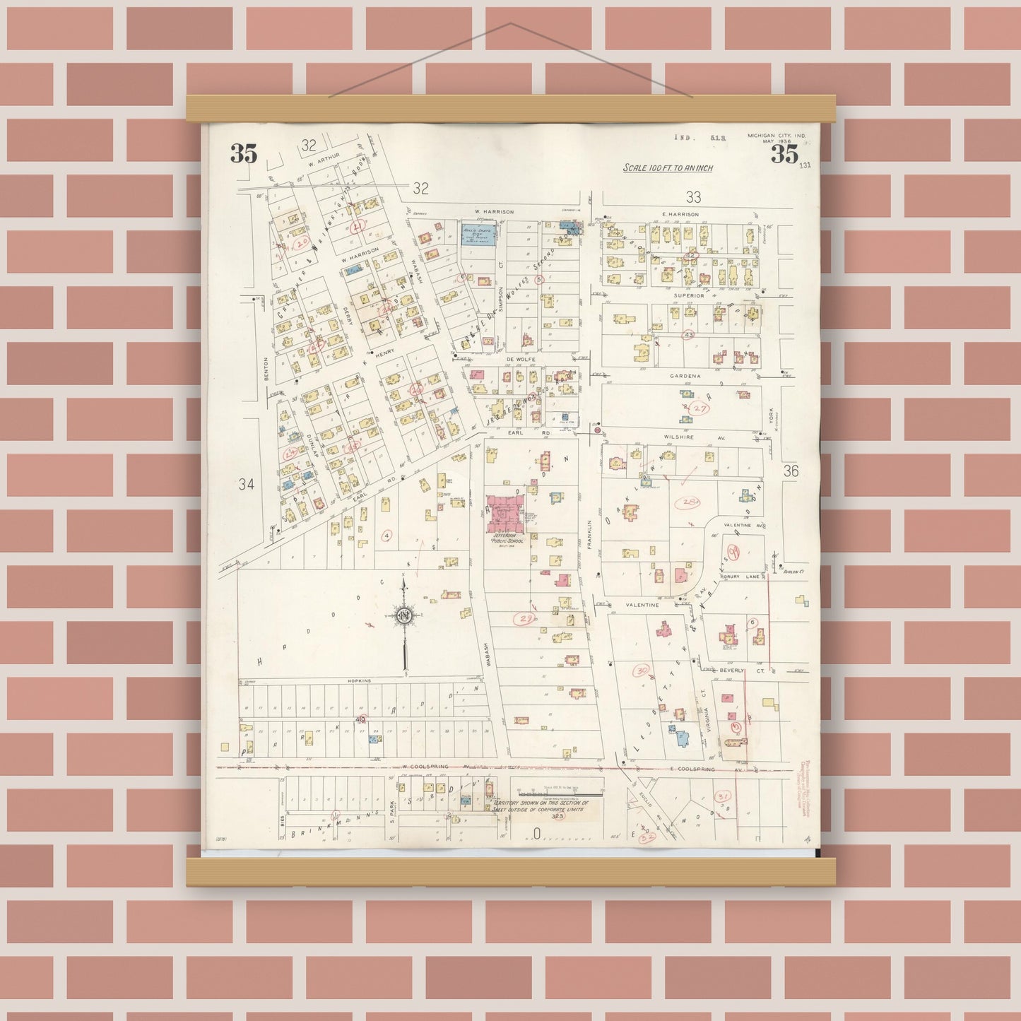 Old map wall art mockup — magnetic wood frame on brick wall — Sanborn Fire Insurance Map from Michigan City, La Porte County, Indiana (1948), Sheet #0035