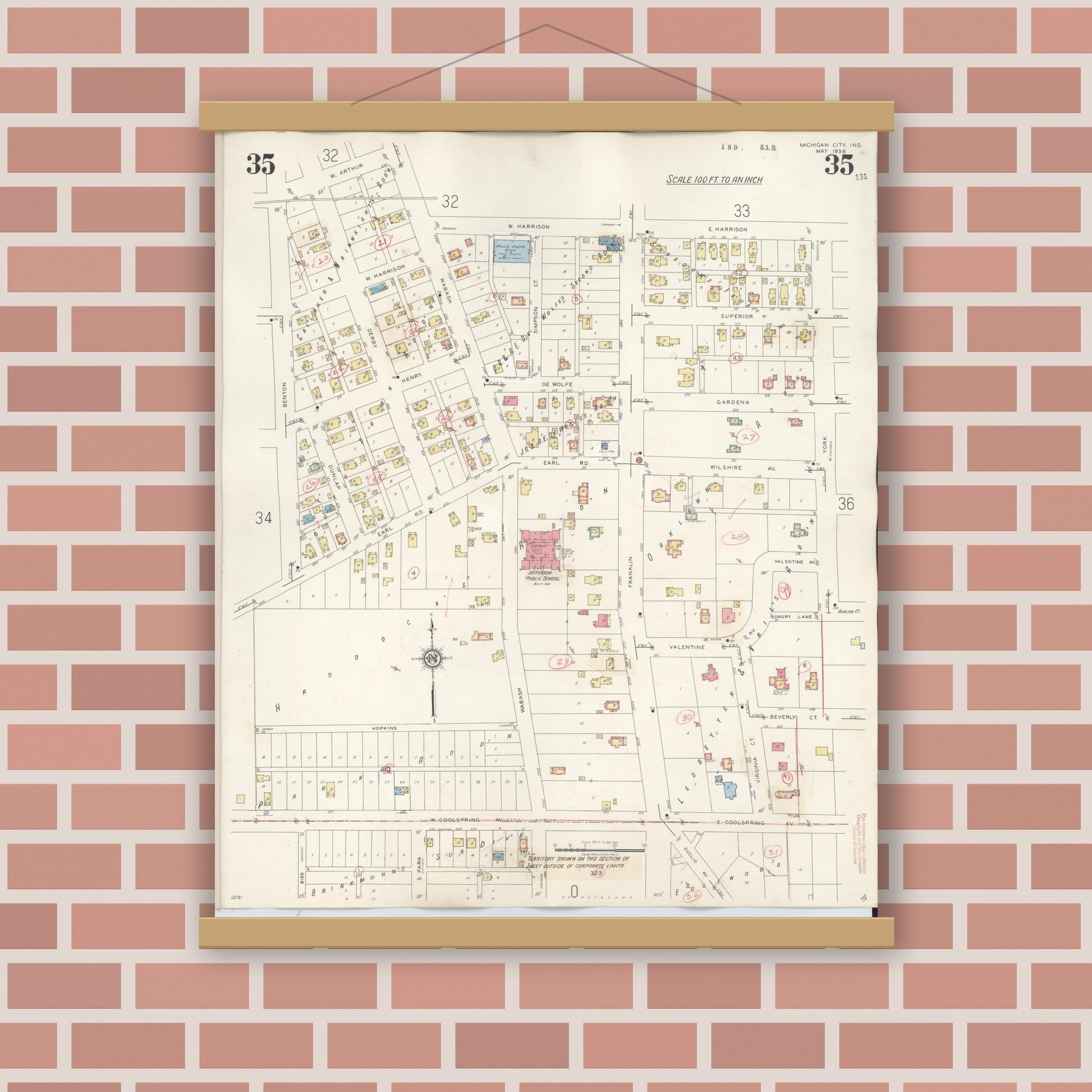 Old map wall art mockup — magnetic wood frame on brick wall — Sanborn Fire Insurance Map from Michigan City, La Porte County, Indiana (1948), Sheet #0035