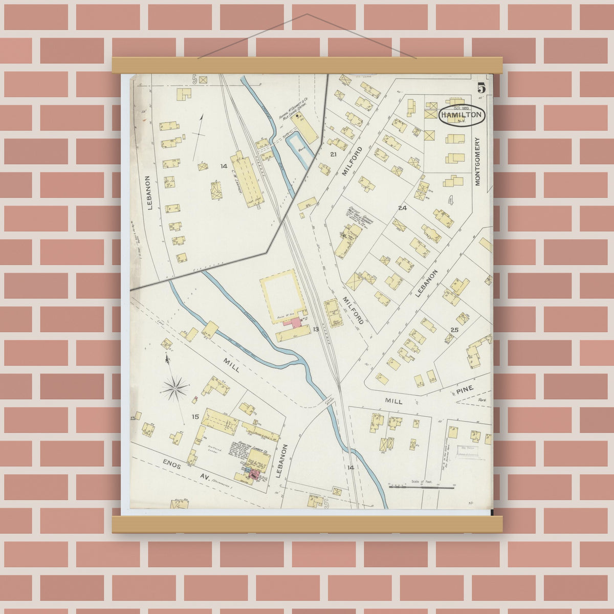 Old map wall art mockup — magnetic wood frame on brick wall — Sanborn Fire Insurance Map from Hamilton, Madison County, New York (1893), Sheet #0005