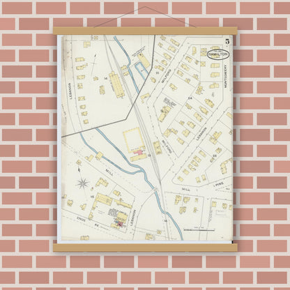 Old map wall art mockup — magnetic wood frame on brick wall — Sanborn Fire Insurance Map from Hamilton, Madison County, New York (1893), Sheet #0005