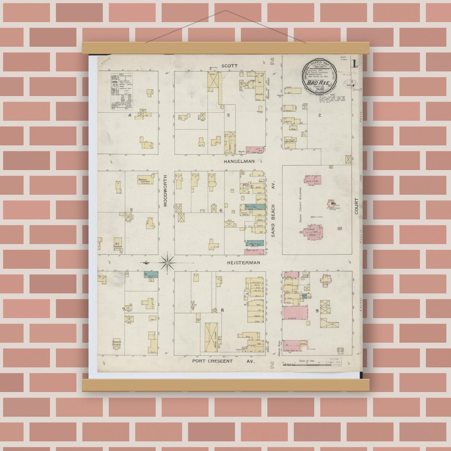 Old map wall art mockup — magnetic wood frame on brick wall — Sanborn Fire Insurance Map from Bad Axe, Huron County, Michigan (1893), Sheet #0001