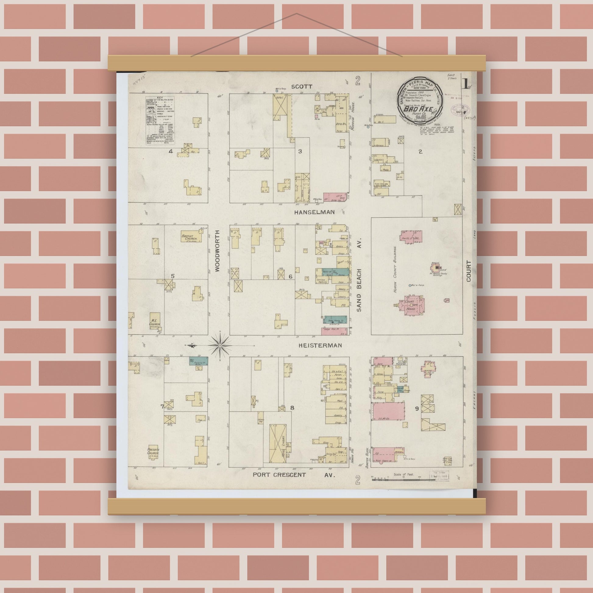 Old map wall art mockup — magnetic wood frame on brick wall — Sanborn Fire Insurance Map from Bad Axe, Huron County, Michigan (1893), Sheet #0001