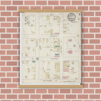 Old map wall art mockup — magnetic wood frame on brick wall — Sanborn Fire Insurance Map from Bad Axe, Huron County, Michigan (1893), Sheet #0001