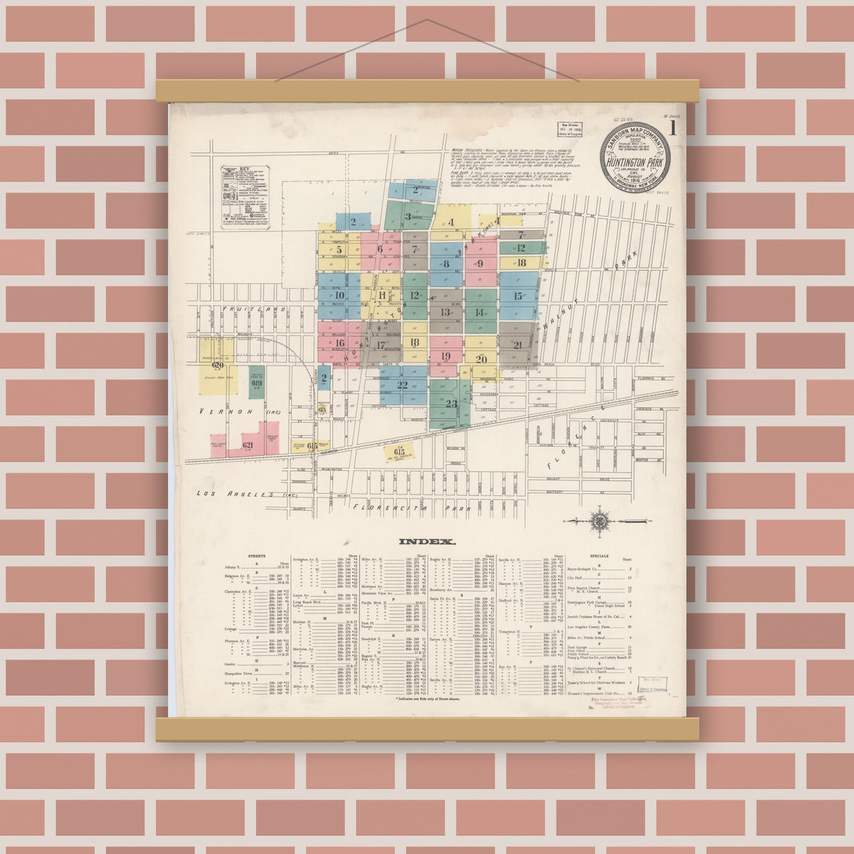 Old map wall art mockup — magnetic wood frame on brick wall — Sanborn Fire Insurance Map from Huntington Park, Los Angeles County, California (1916) - Complete Map Set