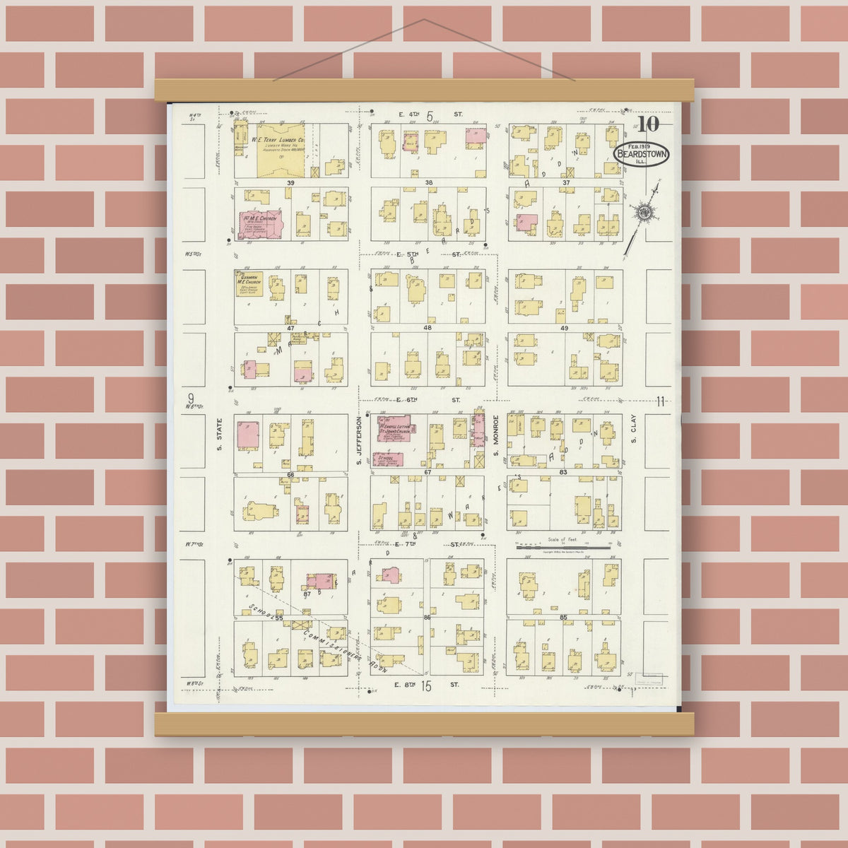 Old map wall art mockup — magnetic wood frame on brick wall — Sanborn Fire Insurance Map from Beardstown, Cass County, Illinois (1919), Sheet #0010