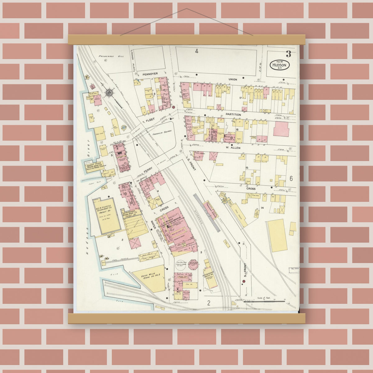 Old map wall art mockup — magnetic wood frame on brick wall — Sanborn Fire Insurance Map from Hudson, Columbia County, New York (1911), Sheet #0003