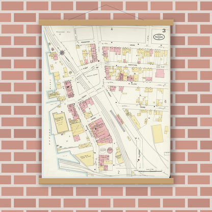 Old map wall art mockup — magnetic wood frame on brick wall — Sanborn Fire Insurance Map from Hudson, Columbia County, New York (1911), Sheet #0003