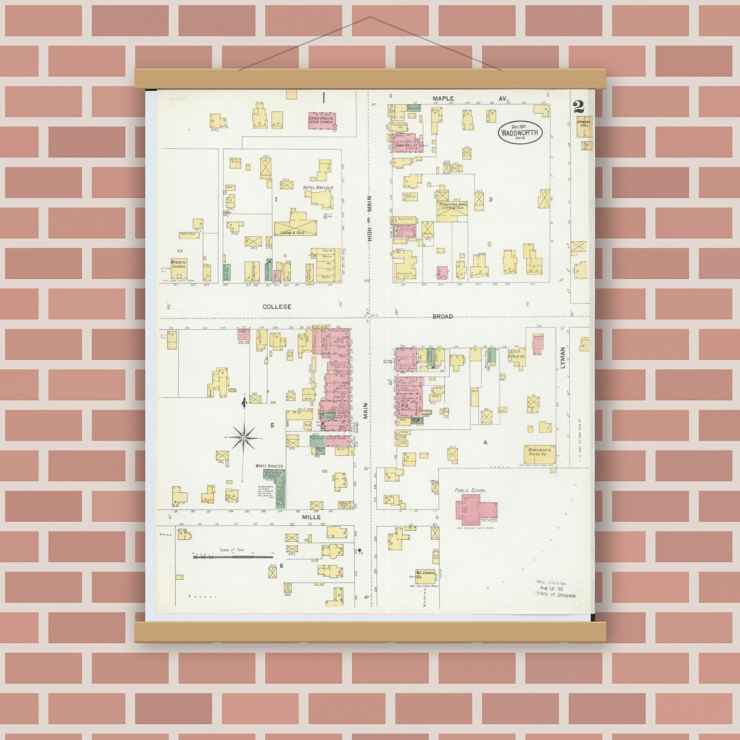Old map wall art mockup — magnetic wood frame on brick wall — Sanborn Fire Insurance Map from Wadsworth, Medina County, Ohio (1901), Sheet #0002