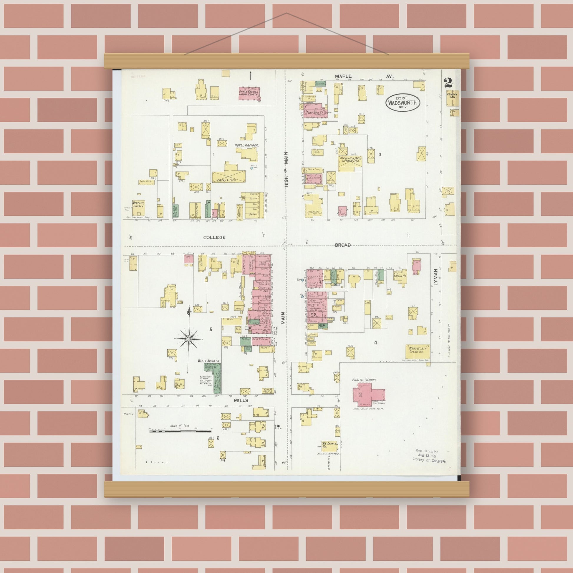 Old map wall art mockup — magnetic wood frame on brick wall — Sanborn Fire Insurance Map from Wadsworth, Medina County, Ohio (1901), Sheet #0002