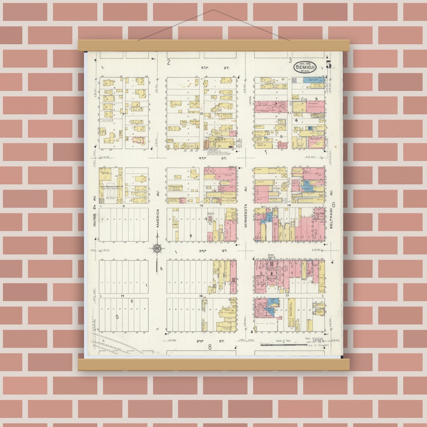 Old map wall art mockup — magnetic wood frame on brick wall — Sanborn Fire Insurance Map from Bemidji, Beltrami County, Minnesota (1916), Sheet #0005