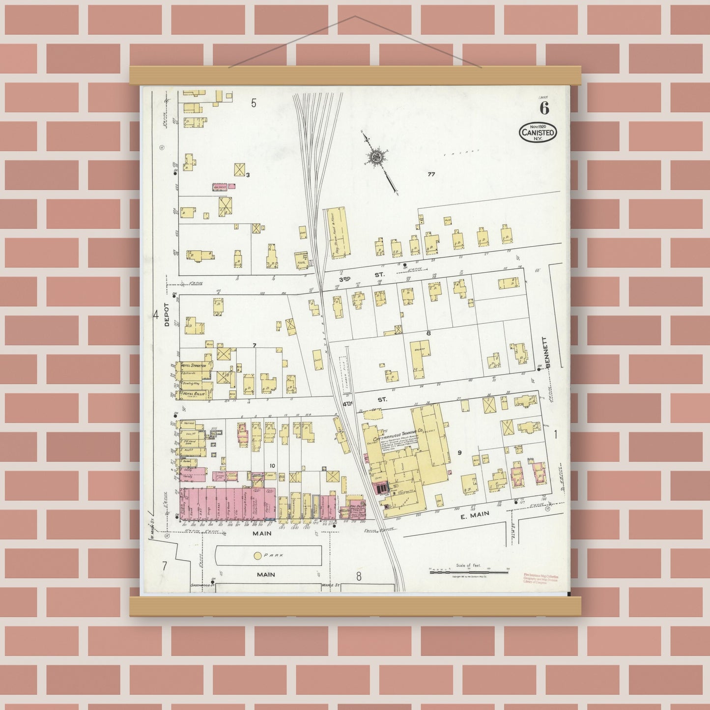Old map wall art mockup — magnetic wood frame on brick wall — Sanborn Fire Insurance Map from Canisteo, Steuben County, New York (1920), Sheet #0006