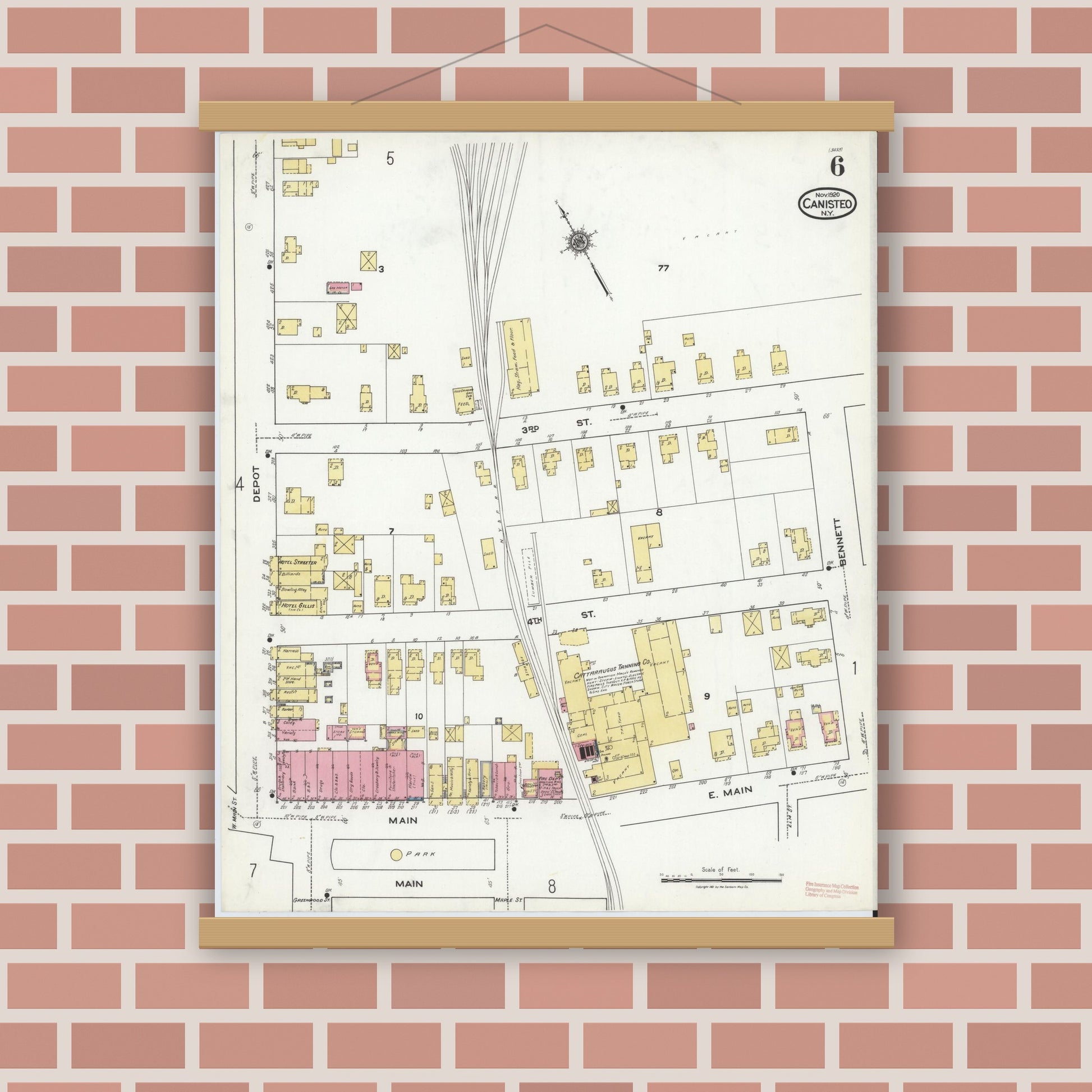Old map wall art mockup — magnetic wood frame on brick wall — Sanborn Fire Insurance Map from Canisteo, Steuben County, New York (1920), Sheet #0006