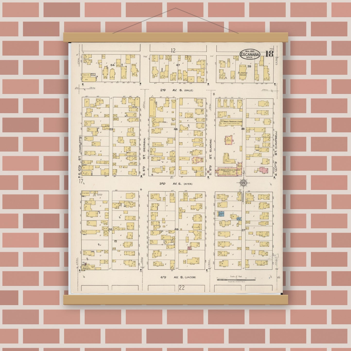 Old map wall art mockup — magnetic wood frame on brick wall — Sanborn Fire Insurance Map from Escanaba, Delta County, Michigan (1921), Sheet #0018