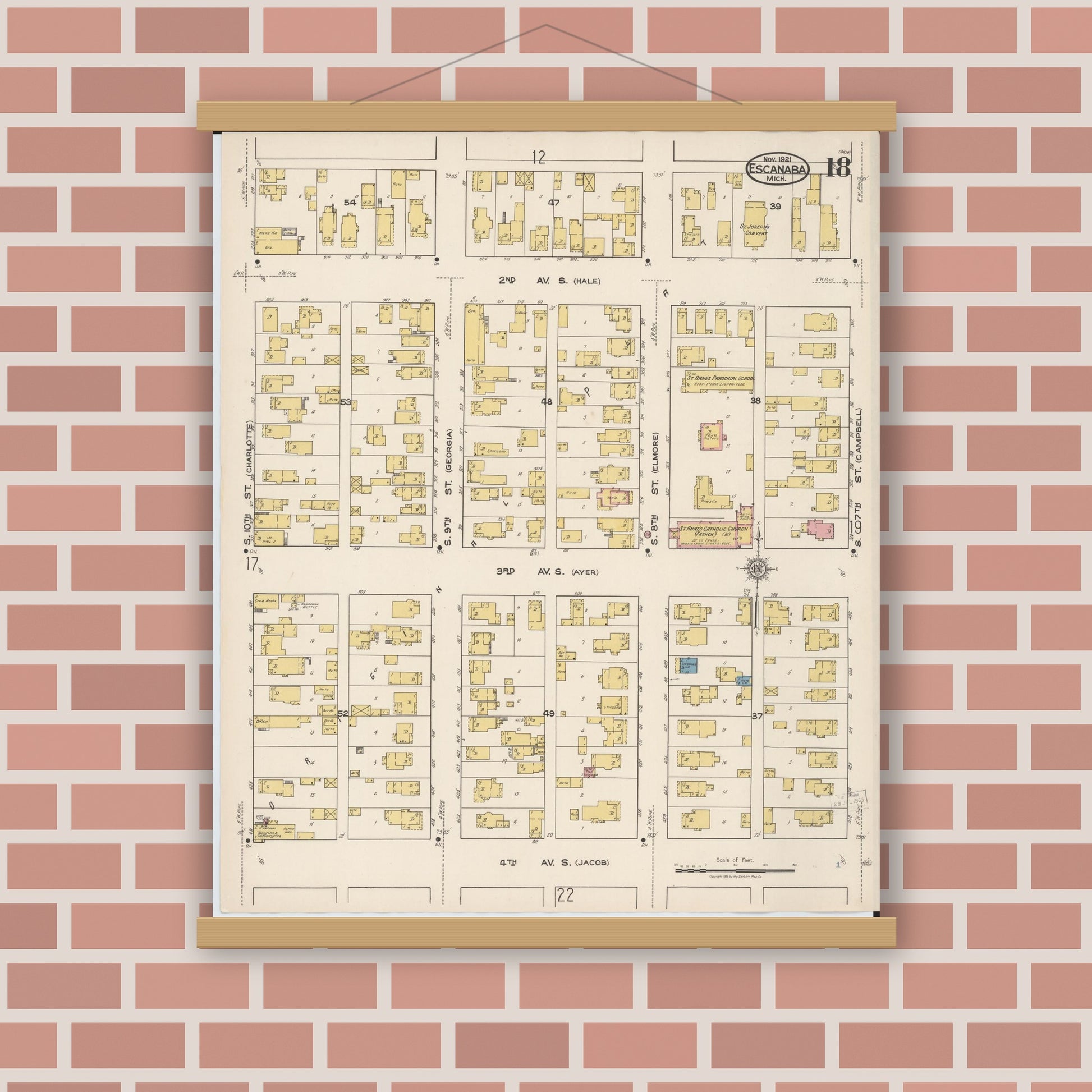 Old map wall art mockup — magnetic wood frame on brick wall — Sanborn Fire Insurance Map from Escanaba, Delta County, Michigan (1921), Sheet #0018