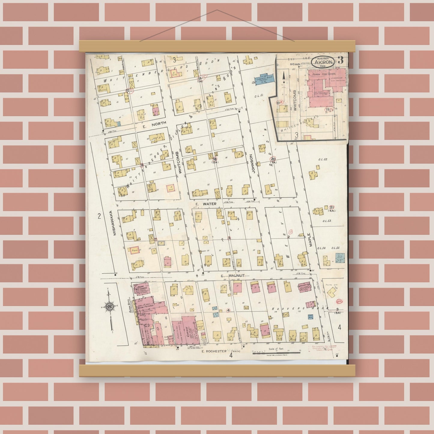 Old map wall art mockup — magnetic wood frame on brick wall — Sanborn Fire Insurance Map from Akron, Fulton County, Indiana (1932), Sheet #0003